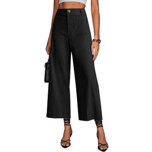 miduo Womens High Waisted Cropped Wide Leg Stretchy Straight Pants Trousers with Pockets (Black)