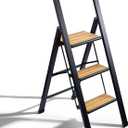 Step Ladder 3 Step Folding, Decorative - Beautiful Bamboo & Black Aluminum, Ultra Slim Profile, Anti Slip Steps, Sturdy-Portable for Home, Office, Kitchen, Photography Use,by SORFEY