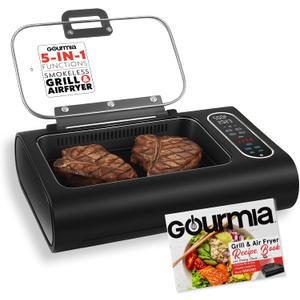 Gourmia Smokeless Indoor Grill & Air Fryer with Recipe Book  Electric Grill for Indoor Use, 5in1 Countertop Cooker, Cast-Iron Grate, 1650W, Glass Lid, Dishwasher-Safe Plates