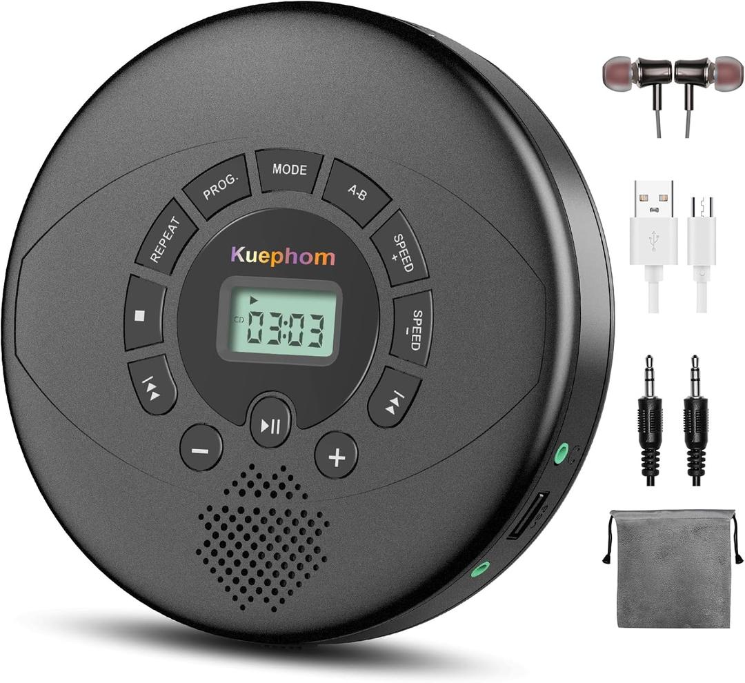 CD Player Portable,Discman Rechargeable,Walkman CD Player with Speaker, Headphones,CD-R,MP3 USB playable,Anti Skip CD Playing for car,Suitable for Personal or Multi-Users,Black