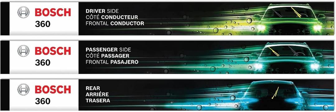 BOSCH 360 Complete Vehicle Wiper Blade Replacement - Includes Front Beam Blades (Pair) + Rear Wiper Blade (1) - 26"/20"/12" (B36006) (Front (26" & 20") + Rear (12"))