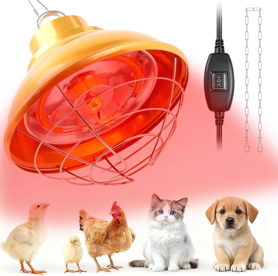 Chicken Heat Lamp Carbon Fiber Tube Brooder Heater Lamps for Chicks,Adjustable 2 Temperature Hanging Chicken Warmer for Livestock Dog Kennel,Cat House,Round 175W/350W
