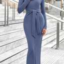 PRETTYGARDEN Women's 2025 Wedding Guest Midi Dresses Semi Formal Long Sleeve Bodycon Tie Waist Cocktail Fall Fashion Clothes (Blue, XXL)