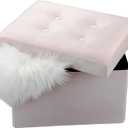 LINMAGCO Small Velvet Ottoman with Storage Rectangle Foot Rest Under Desk Stool for Room Folding Ottoman Furniture with Button turfted-Lightpink 16X12X12IN