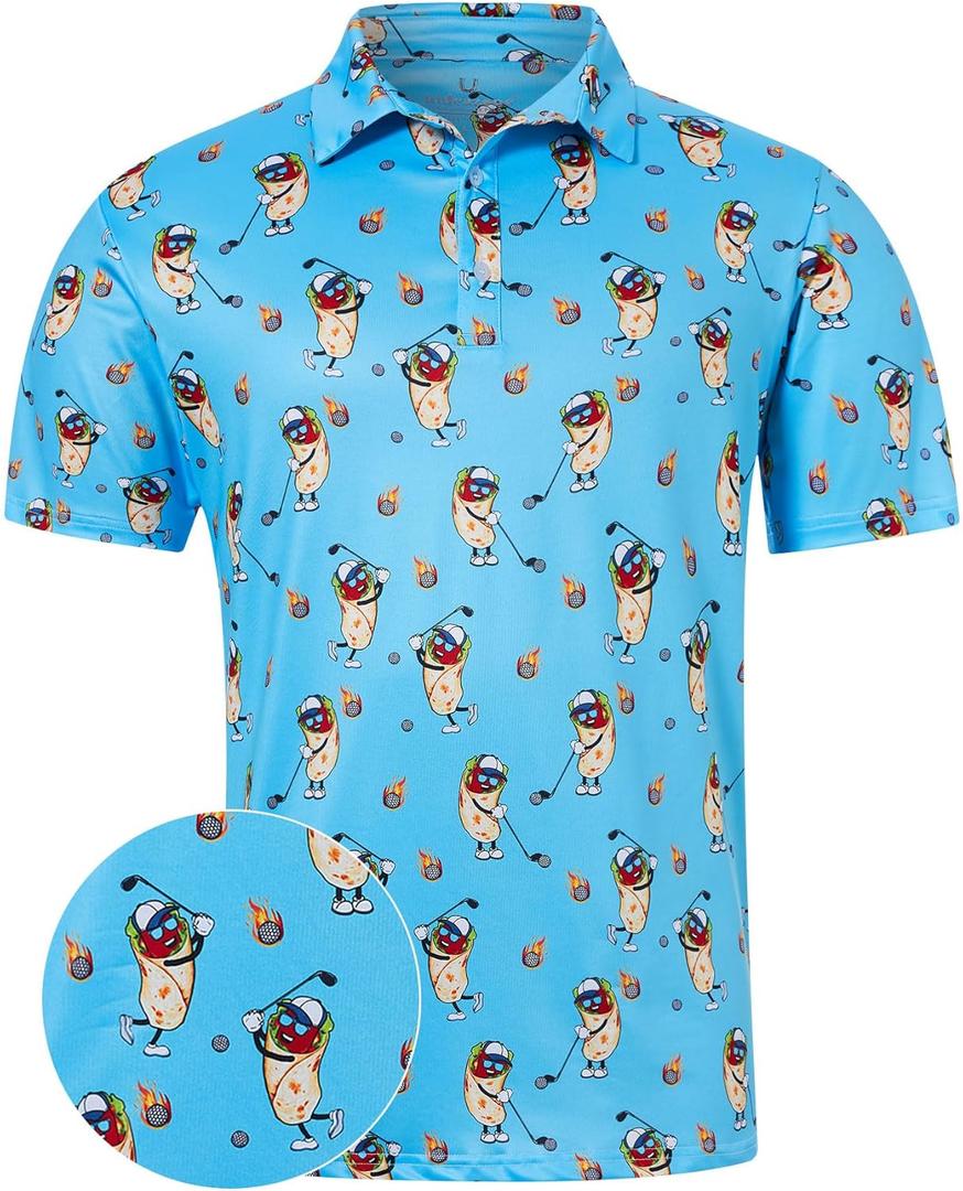 uideazone Golf Shirts for Men Dry Fit Polo Shirt Short Sleeve Moisture Wicking Golf Polos Performance Golf Tennis Shirt (Medium, Funny Hot Dog)