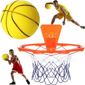 Silent Basketball and Hoop Set Soft Foam Indoor Basketball No Noise for Indoor Dribbling and Shooting Practice Ideal for Teens Adults (Size 7, Yellow)