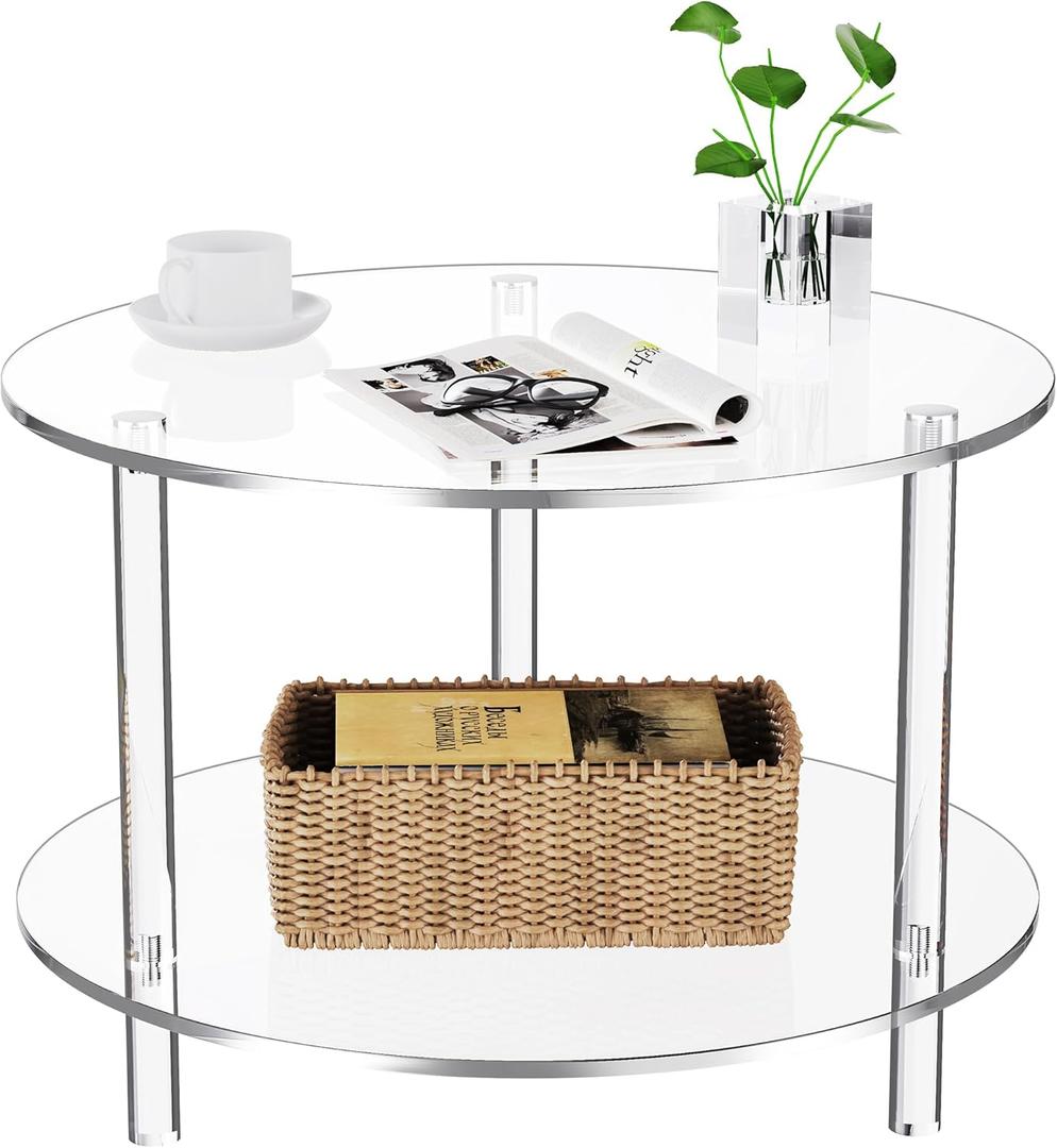 Acrylic Coffee Table, Small Round Modern Coffee Table for Living Room,23.6" D x 23.6" W x 16.5" H (Clear)