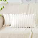 Soleebee Set of 2 Throw Pillow Covers Soft Cozy Velvet Pillowcase Faux Rabbit Fur Cover for Couch Sofa Bed Chair Home Decorative Pillows Cover (12x20 Inch, Beige White)