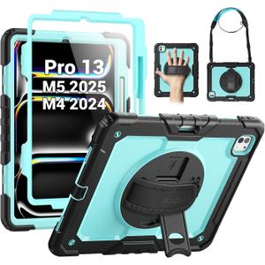 SEYMAC Case for iPad Pro 13 Inch M5 2025 / M4 2024, Heavy Duty Shockproof Protective Case with Screen Protector, 360 Rotating Stand, Hand/Shoulder Strap and Pen Holder, Light Blue (Black / Sky Blue)