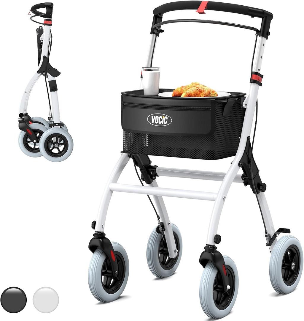 Narrow Rollator Walkers for Small Spaces, Indoor Rollator Foldable and Lightweight, Stable Home Rollator with Quiet Anti-Slip Tires, Rollators for Seniors Foldable with Tray