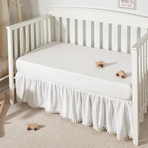 TILLYOU Baby Crib Skirt Girls Boys, Ruffled Bed Skirt with Pompoms, 28”x 52”, 14'' Drop, White