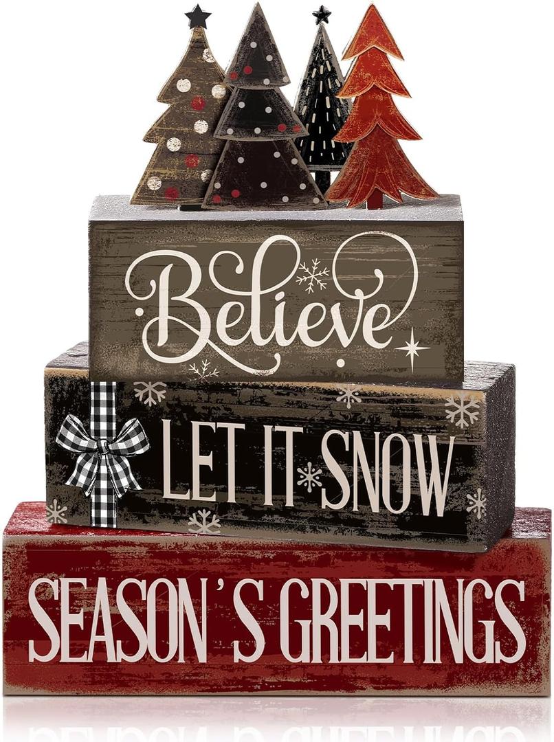 4 Pcs Christmas Table Decor Christmas Tree Centerpiece Rustic Decorative Tree Block Signs Gift Winter Tiered Tray Decor Farmhouse Winter Tabletop Decoration for Home Xmas Party Kitchen Shelf