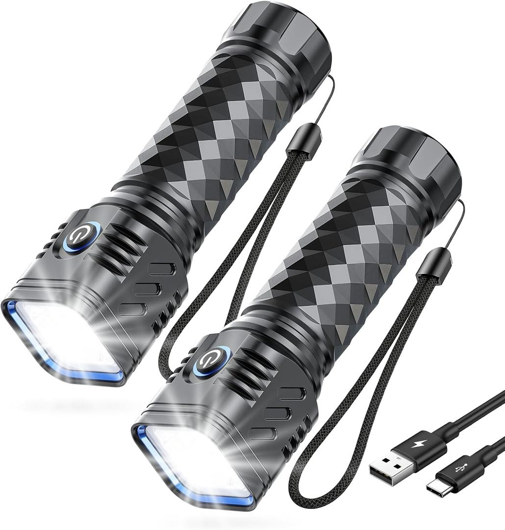 WdtPro Metal LED Flahlights High Lumens, 2 Pack 2000mAh Rechargeable Flashlights, Waterproof, 2000LM Bright Flash Light for Camping Hiking Outdoor Home Emergency Camping Essentials Gear