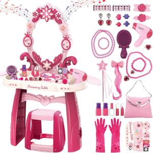 deAO Kids Vanity Table and Chair Set with Mirror and Chair, Toddler Vanity with Light & Music, Pretend Play Makeup & Hair Dryer Toy, Beauty Salon Gift for Girls Ages 3-5 (Pink)