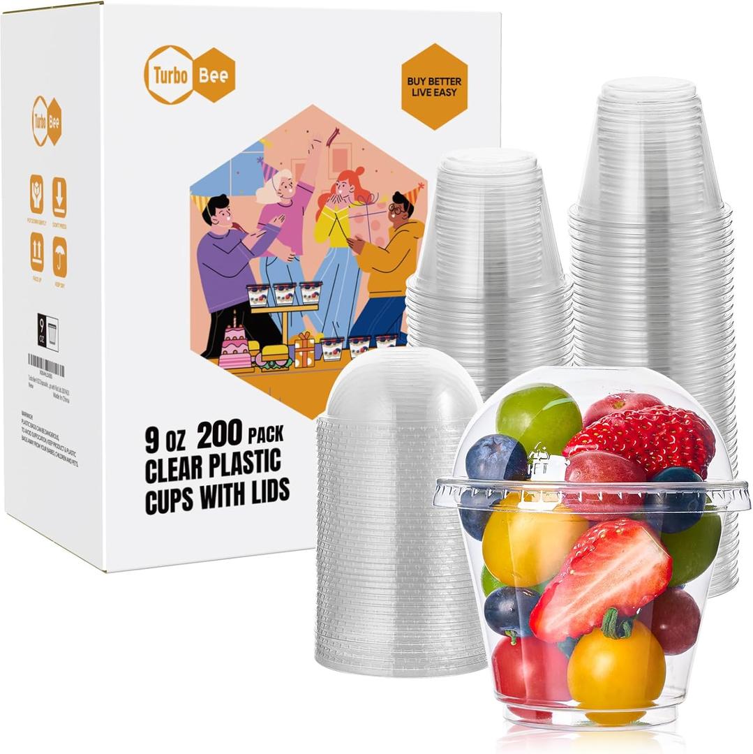 Turbo Bee 200 Pack 9 OZ Clear Plastic Cups with Dome Lids, Disposable Dessert Cups with Lids for Fruit, Snack Smoothie, Pudding and Ice Cream (No Hole)