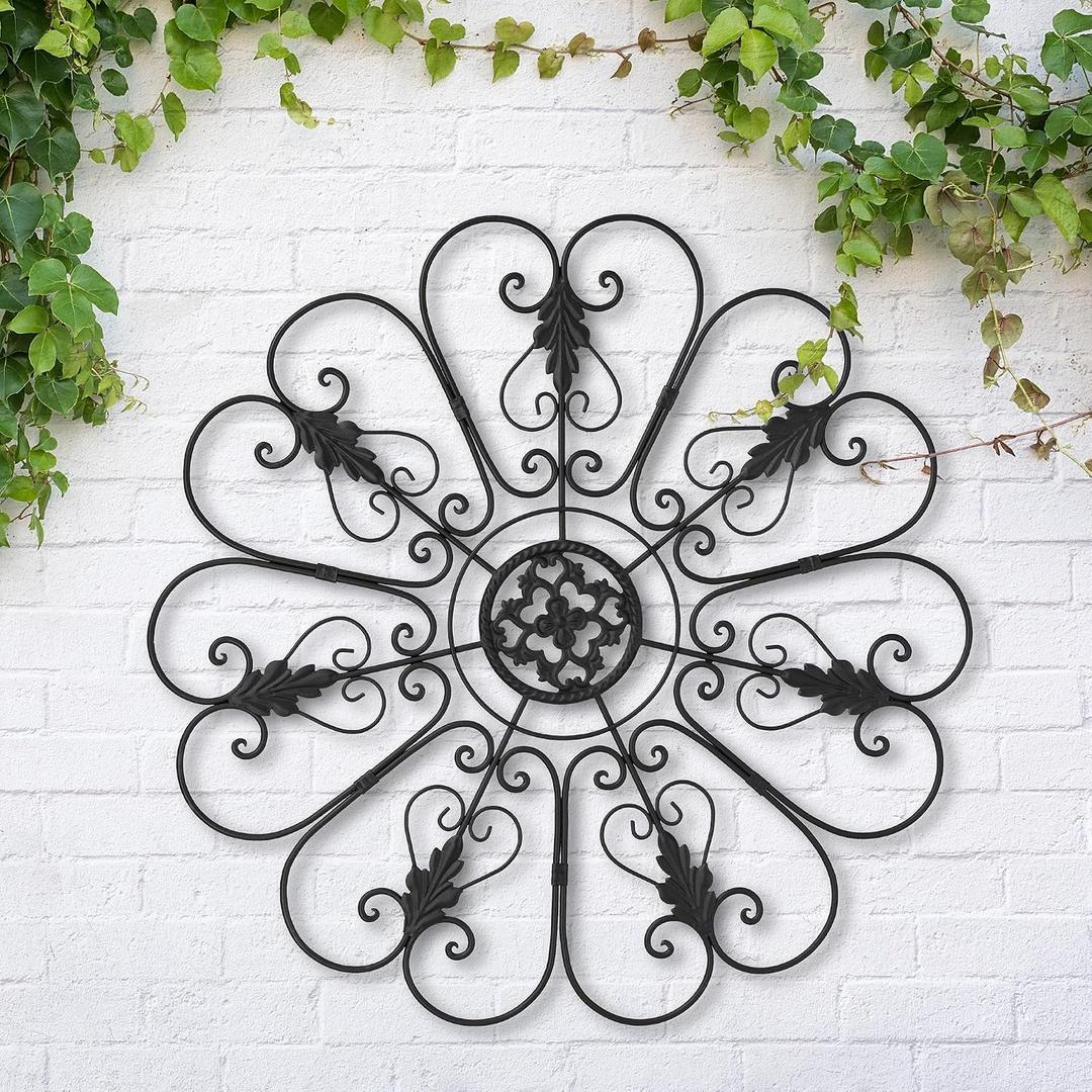 Glitzhome Outdoor Metal Wall Art Decor, Large Wrought Iron Scroll Wall Decor with Floral Design, Matte Black Finish, 23.75" D Exterior Garden Patio Porch Wall Decor, 23.8"L x 23.8"W