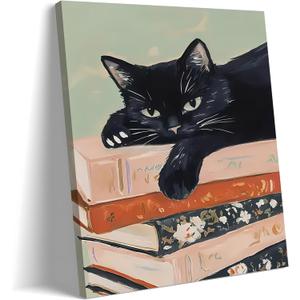 Framed Black Cat Canvas Wall Art, Funny Cat lying on a pile of books Painting, Abstract Animal Posters Prints Wall Decor for Living Room Bathroom Gallery Dining Room Decor 16x24 inch