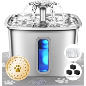 Veken Innovation Award Winner Stainless Steel Cat Water Fountain, 108oz/3.2L Automatic Pet Fountain Dog Water Dispenser with 3 Replacement Filters & Silicone Mat, Gifts for Cats, Dogs (Silver) (108oz (Higher Fill Line))
