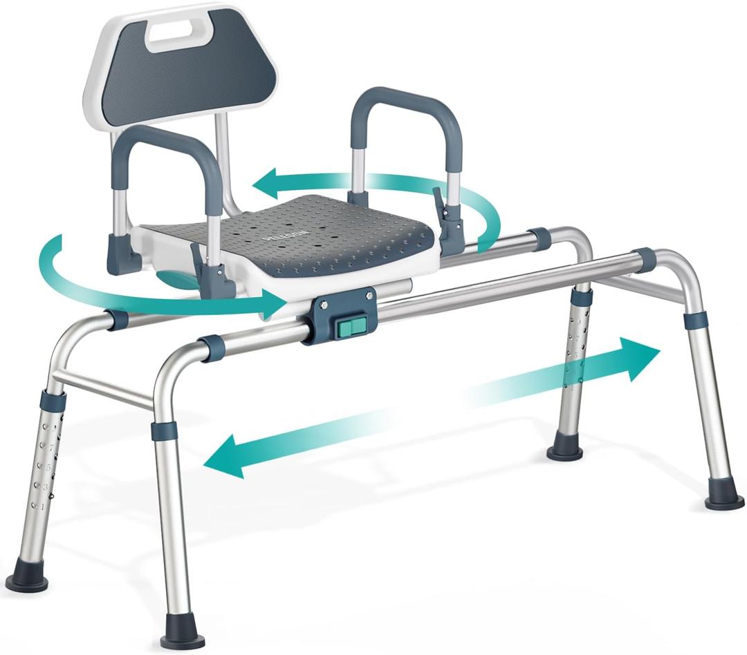 Sliding Shower Chair Tub Transfer Bench with Swivel Seat, Shower Bench for Elderly and Disabled, with Security Belt, 360 Rotation, Slides and Rotates, Adjustable, one Touch Slide Button, Dark Blue