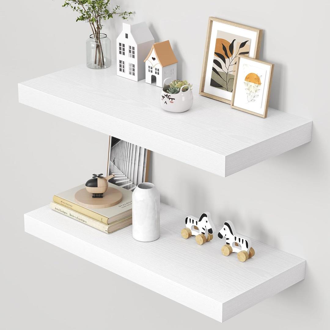 Dreamland 32" Floating Shelves for Wall, 12" Deep Thicker White Floating Shelves, Wall-Mounted Shelves for Bedroom, Living Room, Kitchen, Bathroom - Set of 2