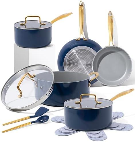 Blue Pots and Pans Set Nonstick - 15-Piece Luxury Blue and Gold Cookware Set, 100% PFOA-Free, Non-Toxic, Induction-Ready Pots and Pans with Lids and Gold Kitchen Utensils for Stylish Cooking