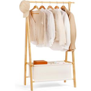 Relquorax Bamboo Clothes Rack with Storage Box, Portable Extra Large Garment Rack Clothing Rack, Foldable Wardrobe For Entryway and Bed Room (M)