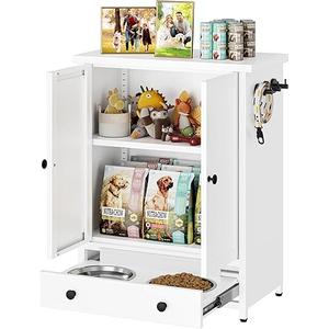 Dog Feeding Station with Storage, Metal Pet Feeding Station, Dog Food Storage Cabinet with 2 Hidden Dog Bowls and 3 Hooks, Cat Feeding Station, Pet Feeder Station for Food and Pet Supplies Storage