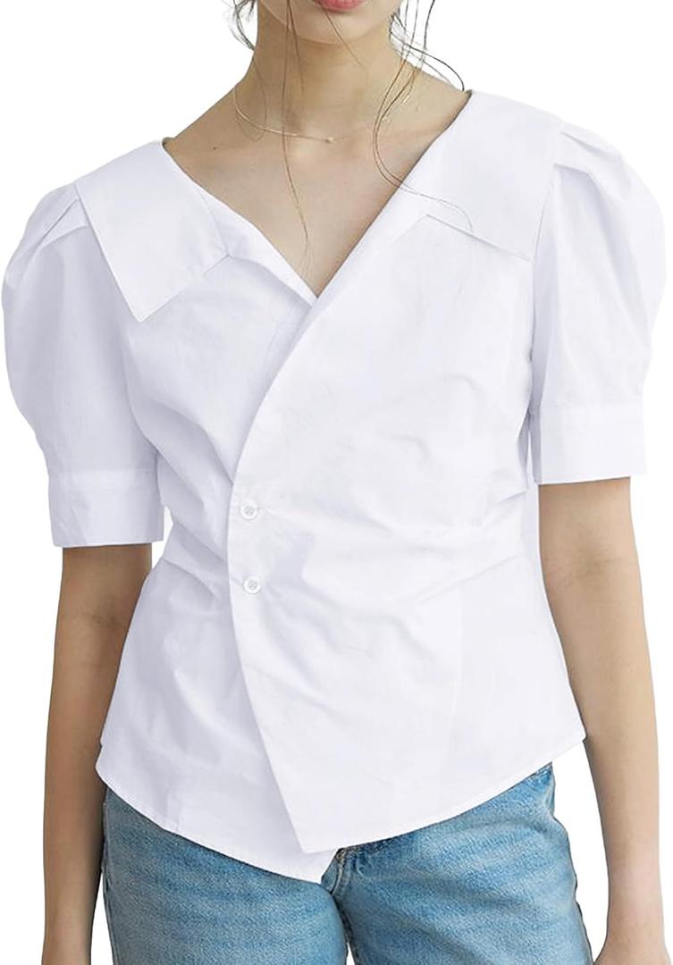 SUNNOW Women's Puff Sleeve Wrap Blouse Elegant Collar Top with Waist Tucks & Asymmetrical Design for Office and Date Night (White, L)