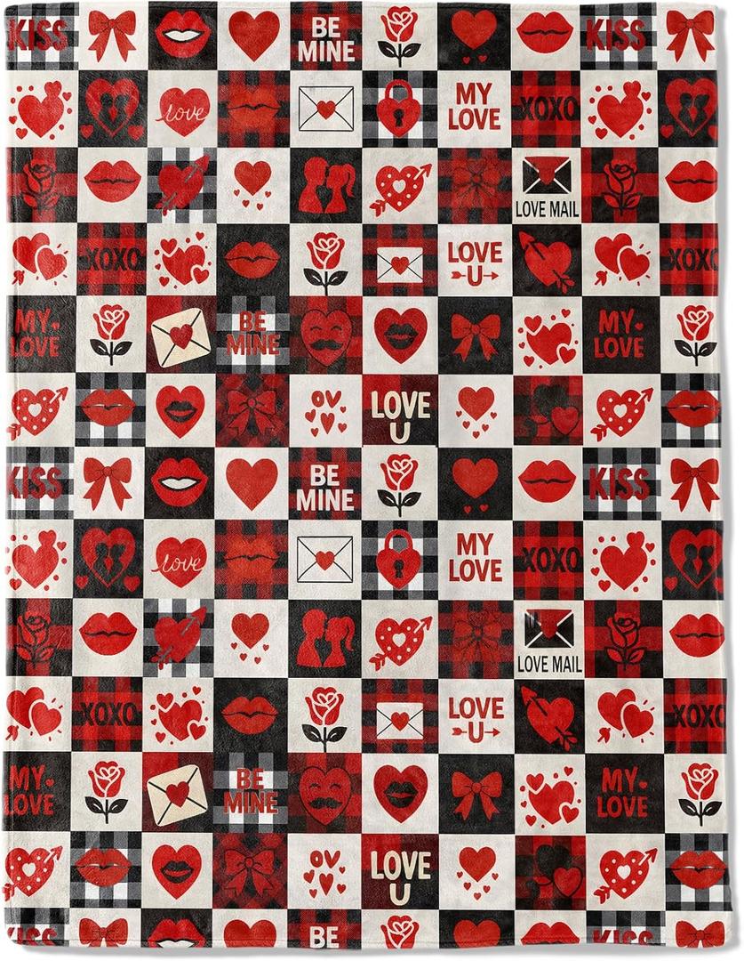 Valentines Day Decorative Throw Blanket Gifts for Mom, Wife, Buffalo Plaid Red Red Heart Lip Rose Love Letter Decoration Fleece Blankets for Couch Bed Sofa, Romantic Decor, 50x60 Inch