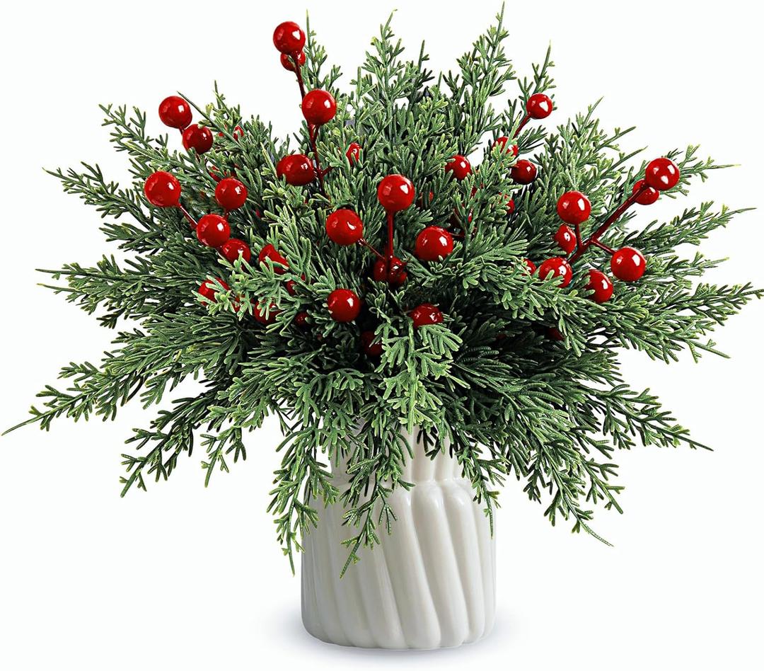 60Pcs Christmas Decorations-11.8'' Artificial Pine Branches with 7.9'' Red Berry Stems, Christmas Decor Faux Pine Greenery Stems, Christmas Tree Decorations & Christmas Picks for Indoor Outdoor