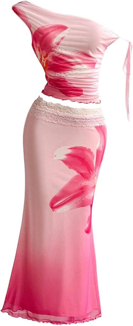 SOLY HUX Women's 2 Piece Outfit Floral Mesh Ruched One Shoulder Crop Tank Top and Bodycon Maxi Skirt Set Pink Floral X-Large