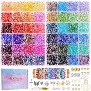 2600 PCS 6mm Crackle Glass Beads for Jewelry Making, 48 Colors Crystal Beads Bracelet Making Kit, Round Beads for Bracelets, Friendship Bracelet kit for DIY Crafts Gifts, 2 Box (Crackle Colors)