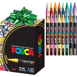 posca Paint Markers, 3M Fine Acrylic Markers with Reversible Tips, Art Supplies For Gifts, Decorations, Fabric, Metal, Glass, and Canvas, Assorted Colors, Set of 24
