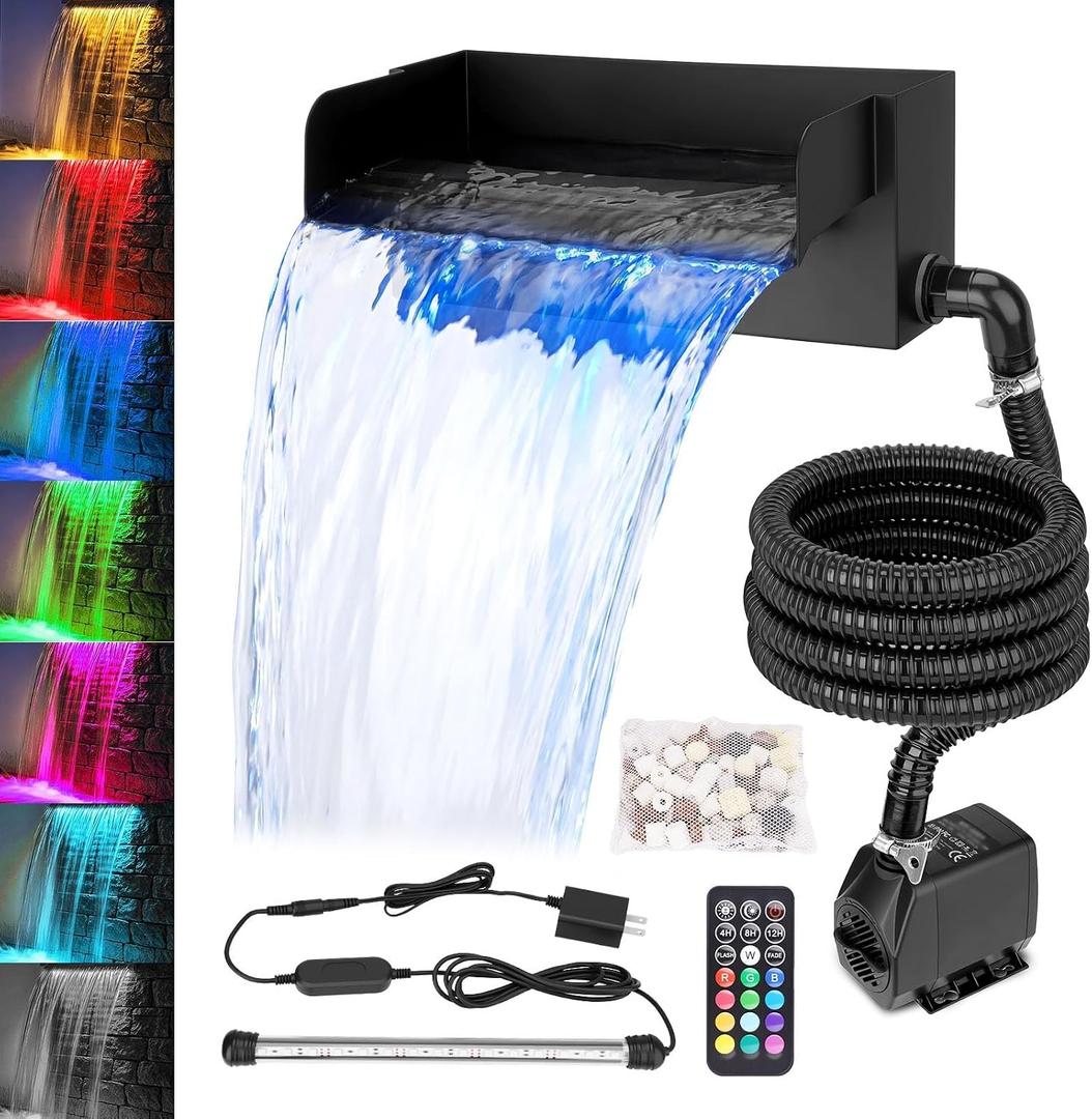 All-in-1 Pond Waterfall Kit with LED Light, 12 inch 304 Stainless Steel Spillway with 880 GPH 45W Pump, Filter Media Bag, Outdoor Waterfall Fountain for Water Feature, Garden, Backyard, Pool