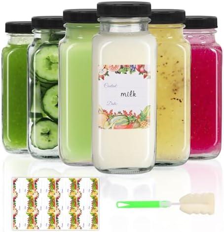 AuroTrends 8 oz Glass Bottles with Lids - 6Pack, 250ml Glass Juicing Bottles for Water, Kombucha - Portable, Reusable 8fl.oz Set of 6