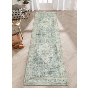 LIVEBOX Washable 2.5x8 Runner Rugs for Entryway Bathroom, Boho Kitchen Floor Mats Long Rug Runners for Hallways Non Slip, Farmhouse Low-Pile Carpet Runners for Laundry Room, Sage Green
