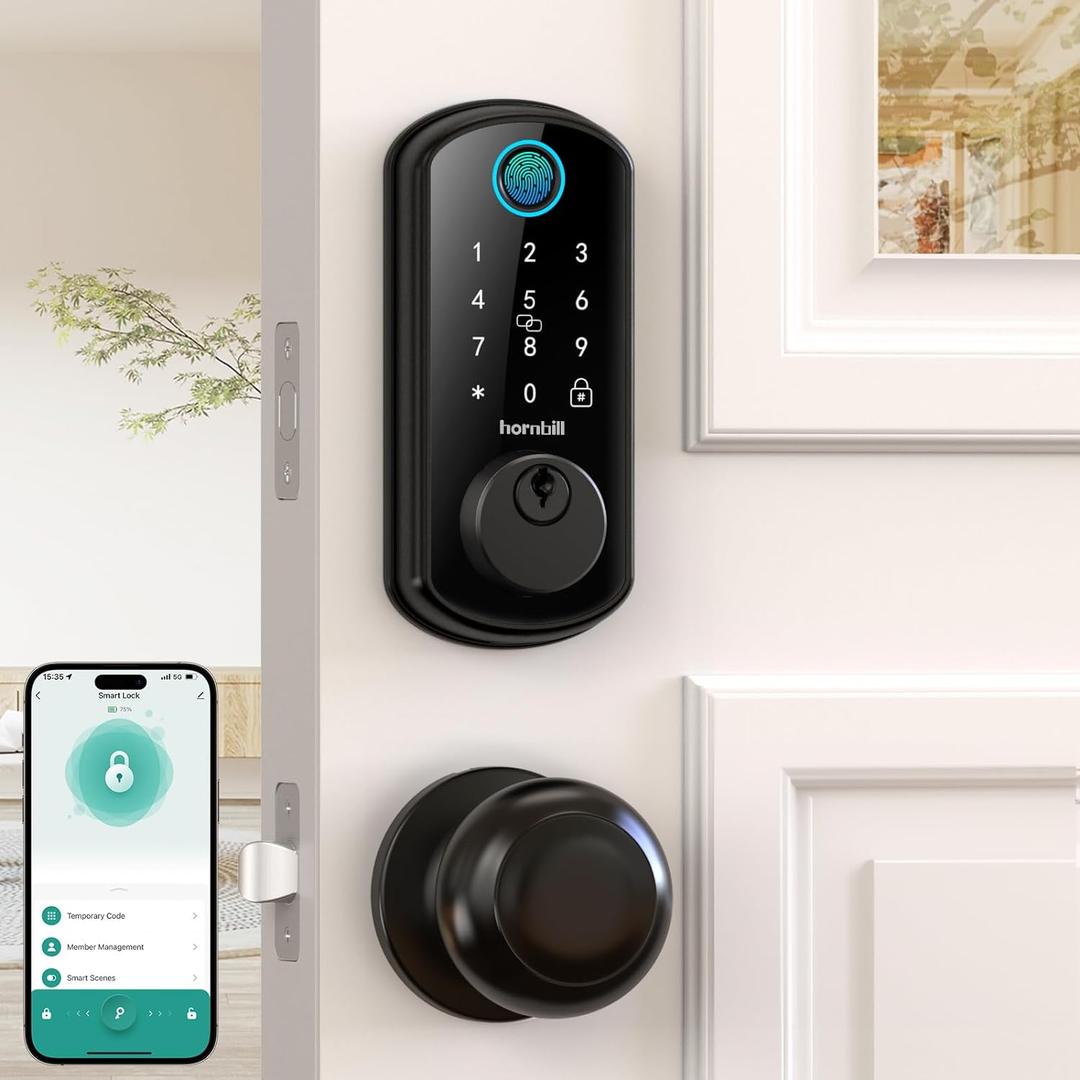WiFi Smart Door Lock Set: Hornbill Keyless Entry Door Lock Deadbolt with Handle Set Fingerprint Front Door Lock with 2 Knobs Alexa Bluetooth Remote Code Auto Lock for Home Hotel Security Black