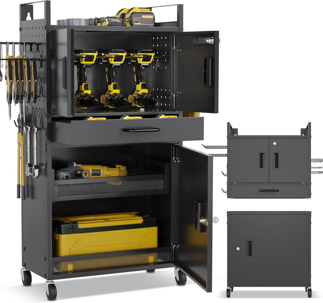 Heavy Duty 4-Tier Power Tool Organizer Wall Mount - Modular Drill Holder Wall Mount with Wheels, Lockable Doors - Versatile Shelf Rack Hanging Station, Tool Organizers and Storage for Garage