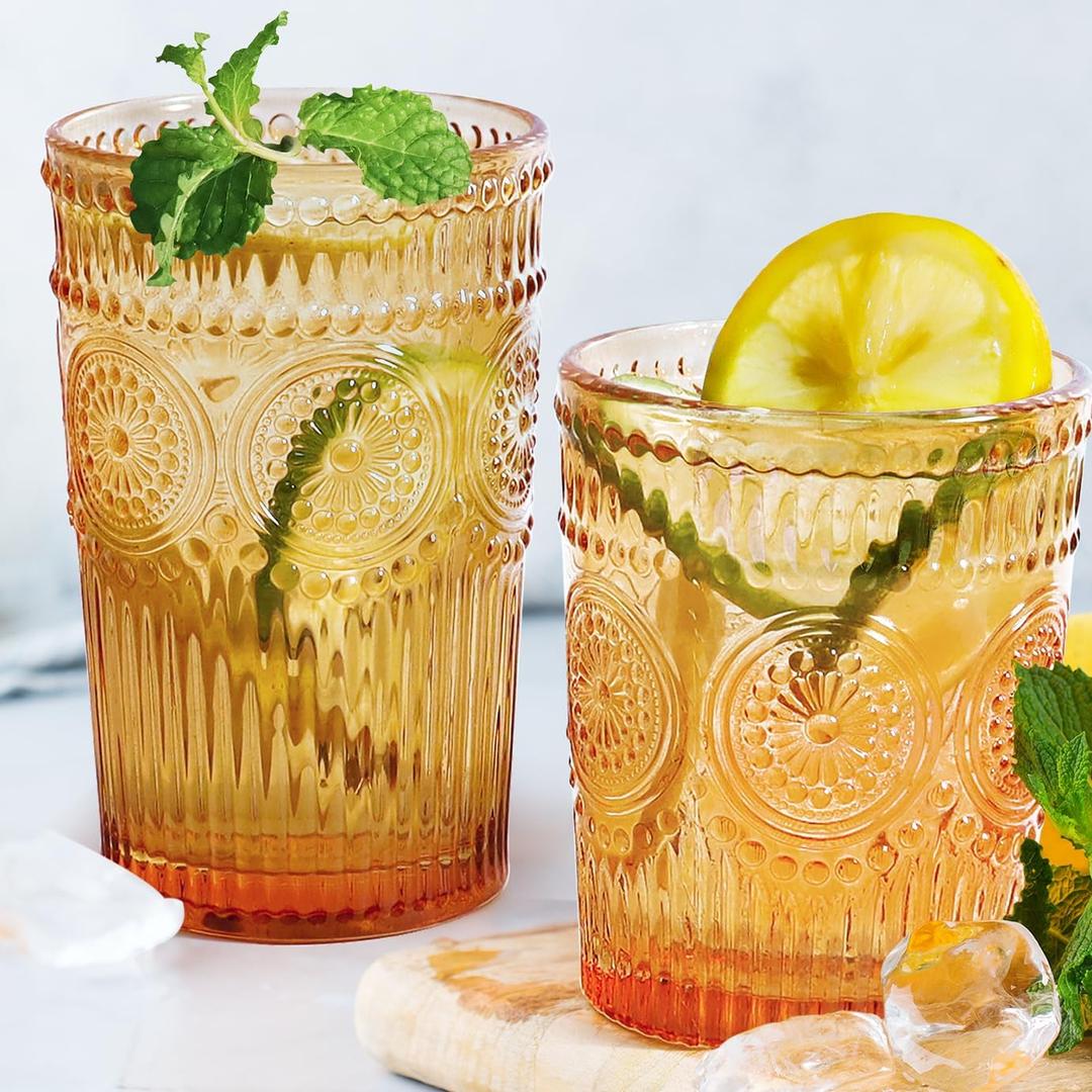 12pcs Vintage Drinking Glasses Set, 12 oz Highball Glasses & 9 oz Embossed Ribbed Glassware Cups for Cocktail, Water, Juice, Coffee, Whiskey (Amber)