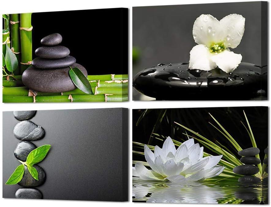 VVOVV Wall Decor Zen Wall Decor Zen Stone Elegant Lotus Flower Painting Green Bamboo Wall Pictures Bathroom Spa Room Decor Framed Gallery Wrap 12"x16"x4 Panels