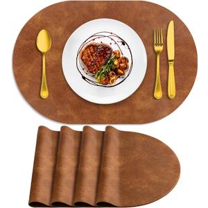 ADRIMER Placemats, Heat Resistant Oval Placemats Set of 4 Washable 12 x 17 Inch, Waterproof Table Mats, Wipeable Pu Place Mats for Kitchen, Dining Room, Turmeric Brown