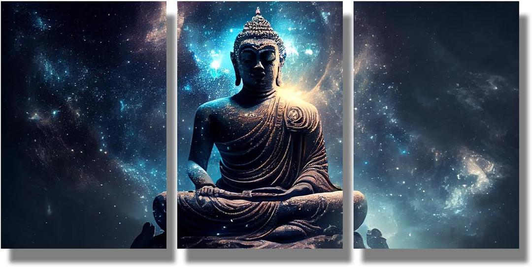 Living Room Canvas Wall Art Buddha in a Lotus Pose Cosmic Canvas Poster Prints Artwork 3 Panel Home Wall Decor Buddha Statue for Office Wall Decor Framed Ready to Hang 16x24inchx3