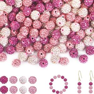 150Pcs Rhinestone Beads 10mm Pink Sparkle Round Shamballa Disco Ball Beads, Shiny Crystal Clay Pave Diamond Rhinestones Bead for Baseball Necklace Bracelet Earring Jewelry Making Party Decoration