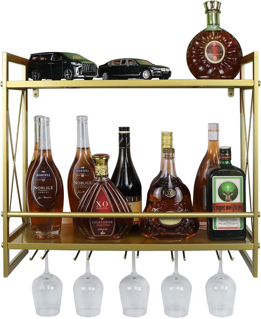 Metal Multipurpose Shelf Hung Bracket 24.2in, Gold Racks Wall Mounted with Glass Holder, 2-Tiers Wall Mount Bottle Holder Glass Rack