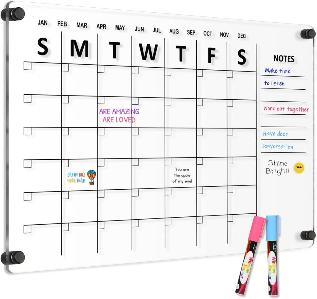 Large Acrylic Calendar for Wall, 24" X 16" Black Clear Acrylic Wall Calendar, Clear Wet & Dry Erase Calendar Hanging Frameless Monthly Planner for Office, Home or School, 2 Markers