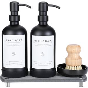 [Luxury] Kitchen Soap Dispenser Set - 16OZ Black Glass Bottle, Stainless Steel Pump, Instant Dry Tray, Waterproof Labels, Non-Slip Silicone Pad, and Dish Brush | Upgrade for Your Kitchen and Bathroom