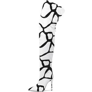 LINMUYOUJIA Thigh high boots for women striped Back zipper Burgundy Zebra Print Over the knee Sexy gold white pointed toe Cow Print leopard Magenta stiletto heel -black-white-43