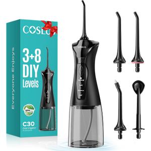 COSLUS Water Dental Flosser Pick for Teeth C30(FC5360): 4 Modes Cordless Portable 300ML Larger Tank Water Teeth Cleaner IPX7 Waterproof Flossing Cleaning Picks for Home Travel Black