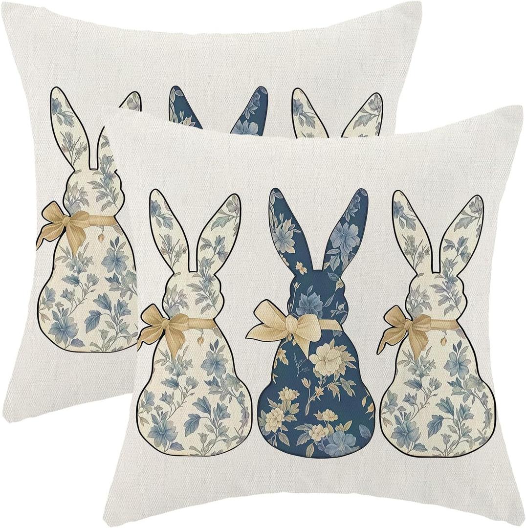 CXMEIFLY Easter Pillow Covers 16 x 16 Inch Set of 2 for Chinoiserie Blue Floral Rabbit Bunny Decor Throw Pillows Spring Flower Outdoor Holiday Farmhouse Decorative Cushion Cases for Couch Decoration