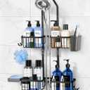 Adjustable Shower Caddy Hanging for Handheld Showerheads - Never Rust Shower Hanging Organizer, Upgraded Bathroom Shower Rack with Soap Basket, Hooks and Toothbrush Holder (Black)